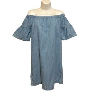 Madewell women’s ruffle bell short sleeve off shoulder jean dress denim midi